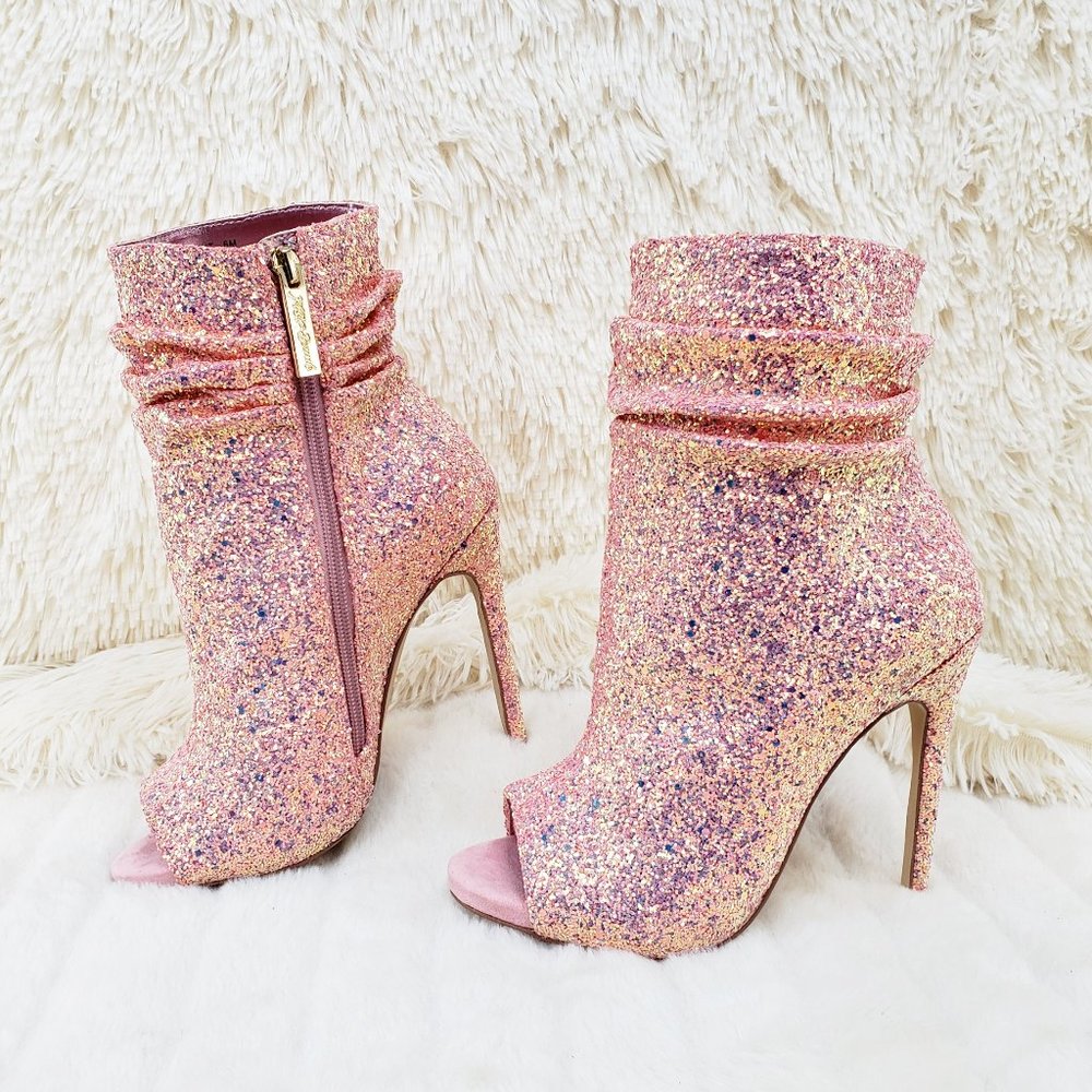 Pink Glitter Peep-Toe Ankle Booties